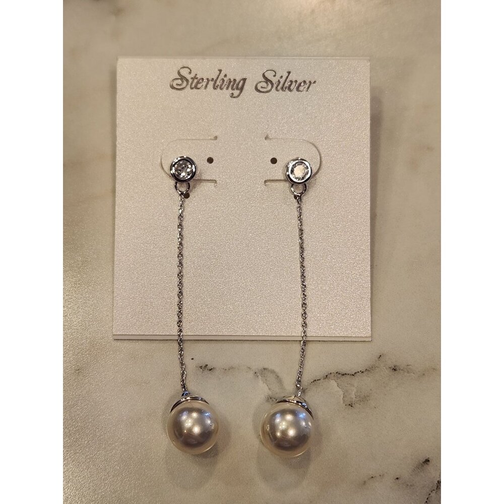Sterling Silver Faux Pearl Drop Earrings With Sparkling CZ Studs